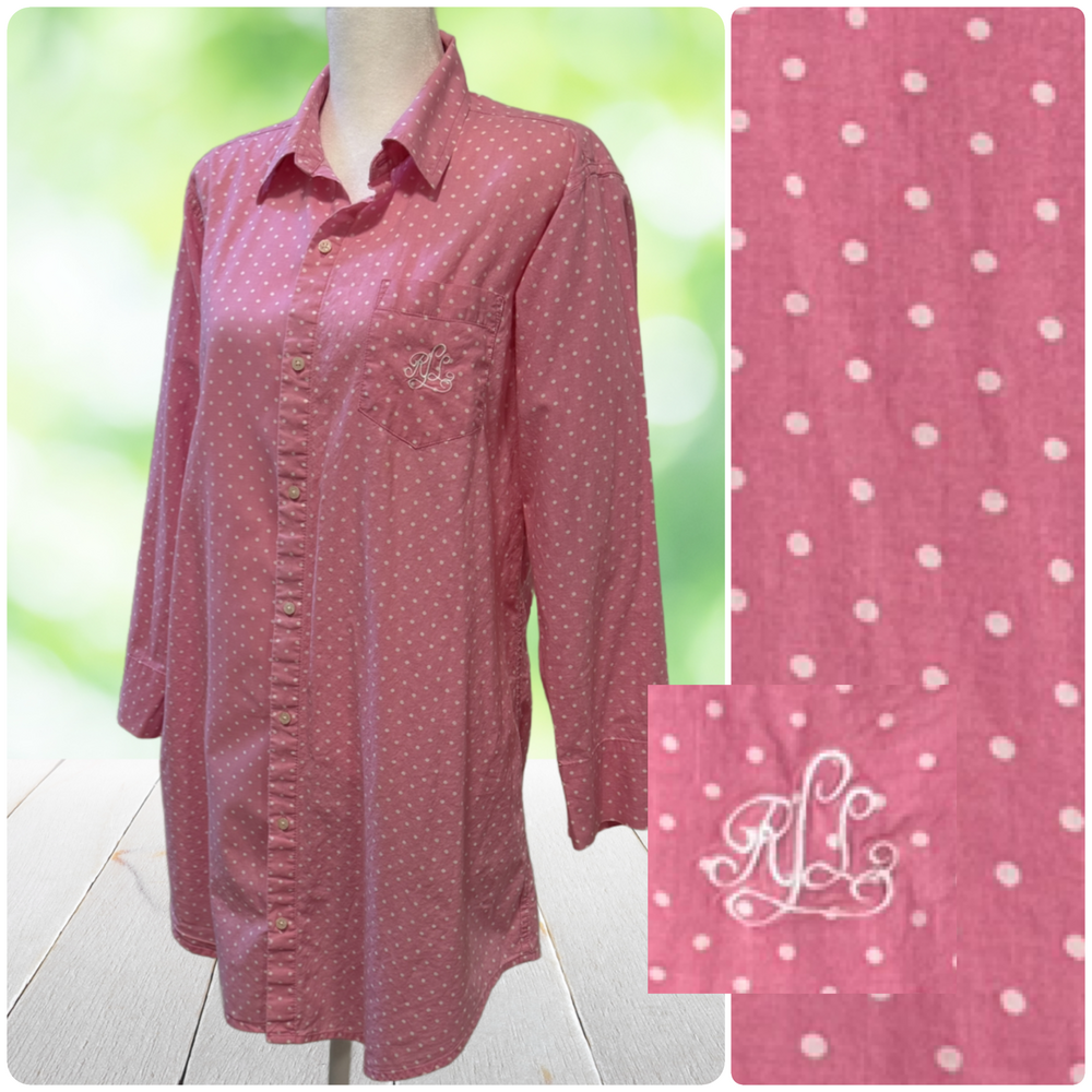 LAUREN RALPH LAUREN Top Womens M Crest Long Tunic Pink Polka Dot Blouse Shirt